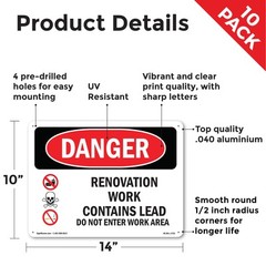 Renovation Work Contains Lead Do Not Enter OSHA Danger Sign, Decal 5 or 10 Pack