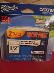 Brother TZE TZe-2312PK Label Tape 1/2″ White Thermal Print, 2 Pack, Black Text