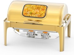 Gold 9QT Roll Top Chafing Dish Buffet Set Catering Stainless Steel wGlass Window