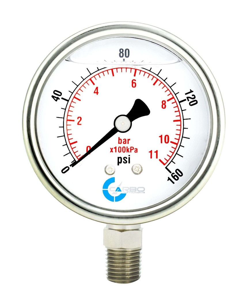 2-1/2″ Pressure Gauge, Stainless Steel Case, Liquid Filled, Lower Mnt 160 PSI