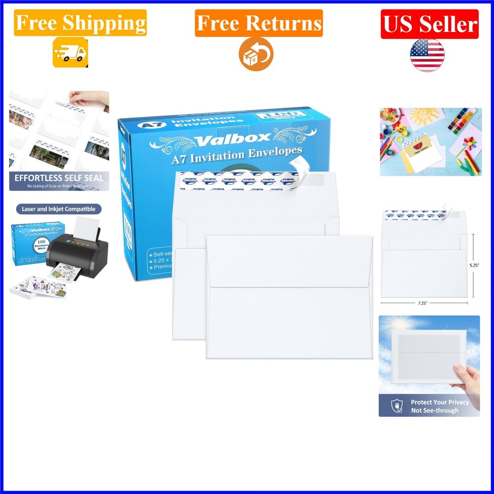White Self-Seal A7 Invitation Envelopes, 100 Pack, 5.25×7.25 Inches