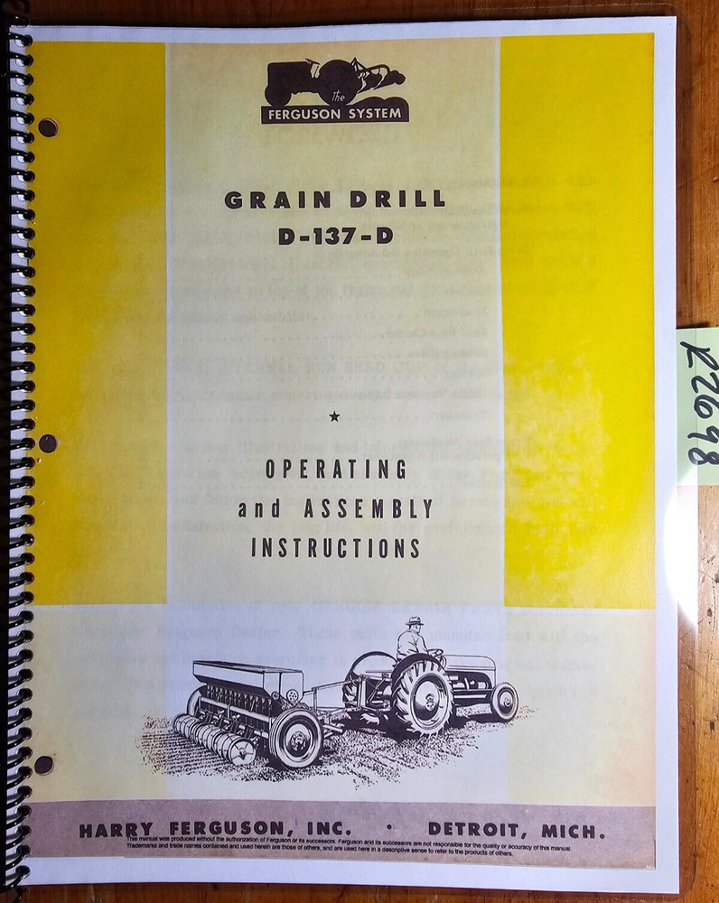 Massey Harris Ferguson D-137-D Grain Drill Planter Owner Operator’s Manual 1948
