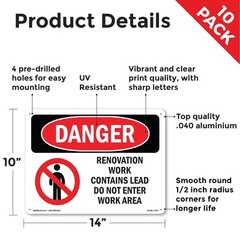 Renovation Work Contains Lead Do Not Enter OSHA Danger Sign, Decal 5 or 10 Pack