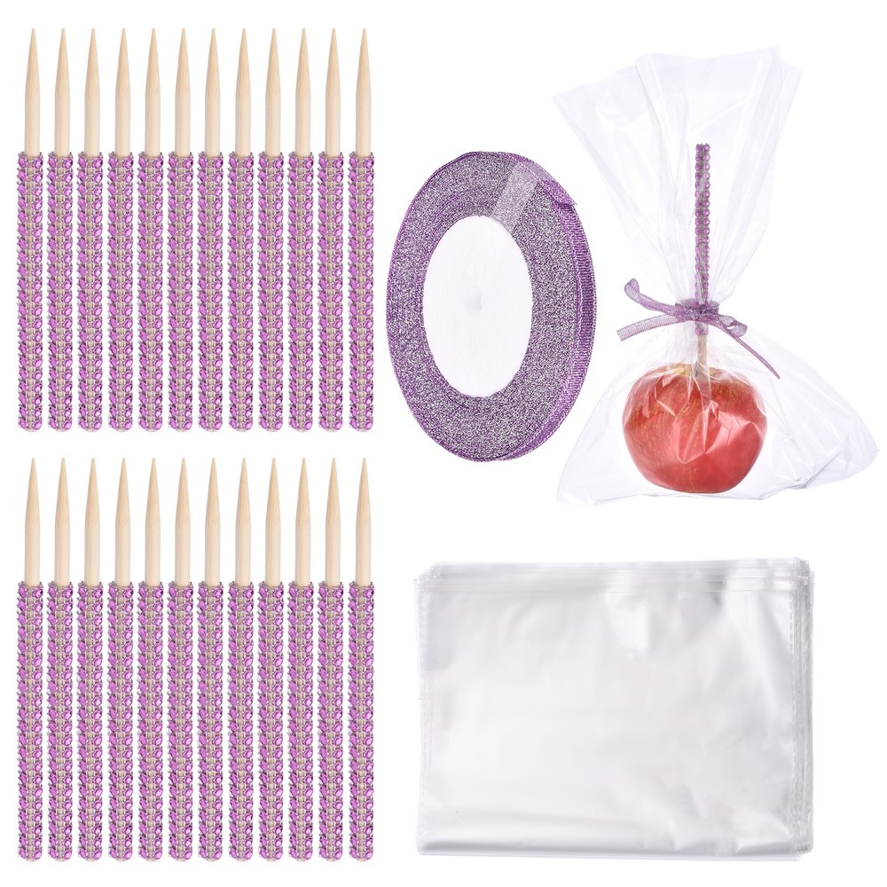 Candy Apple Stick Kit, 24P Pink Apple Wooden Skewers with Bags/Purple Ribbon
