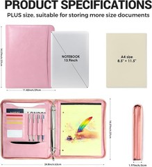 Faux Leather Zippered Padfolio with 3 Ring Binder, Executive Portfolio Organi…