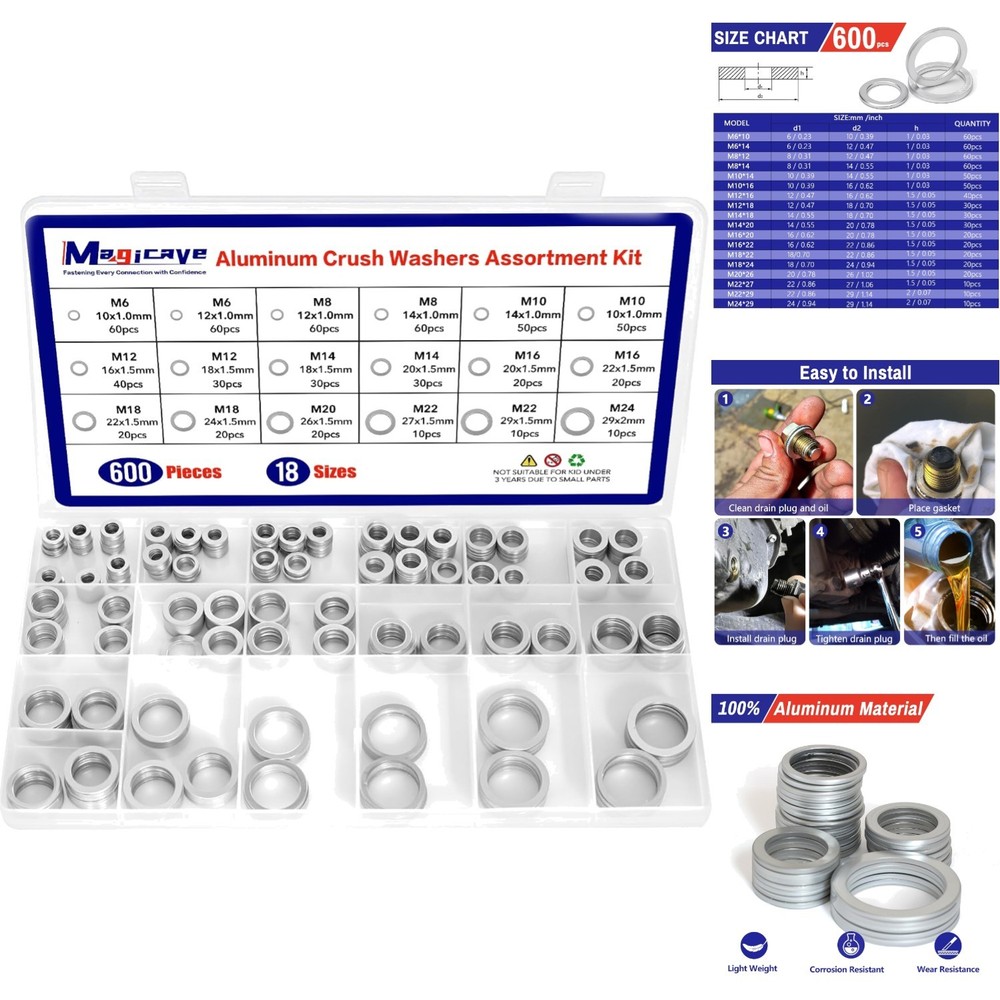 600pc Aluminum Crush Washer Assortment Kit 18 Sizes Oil Drain Plug Gasket M6-M24