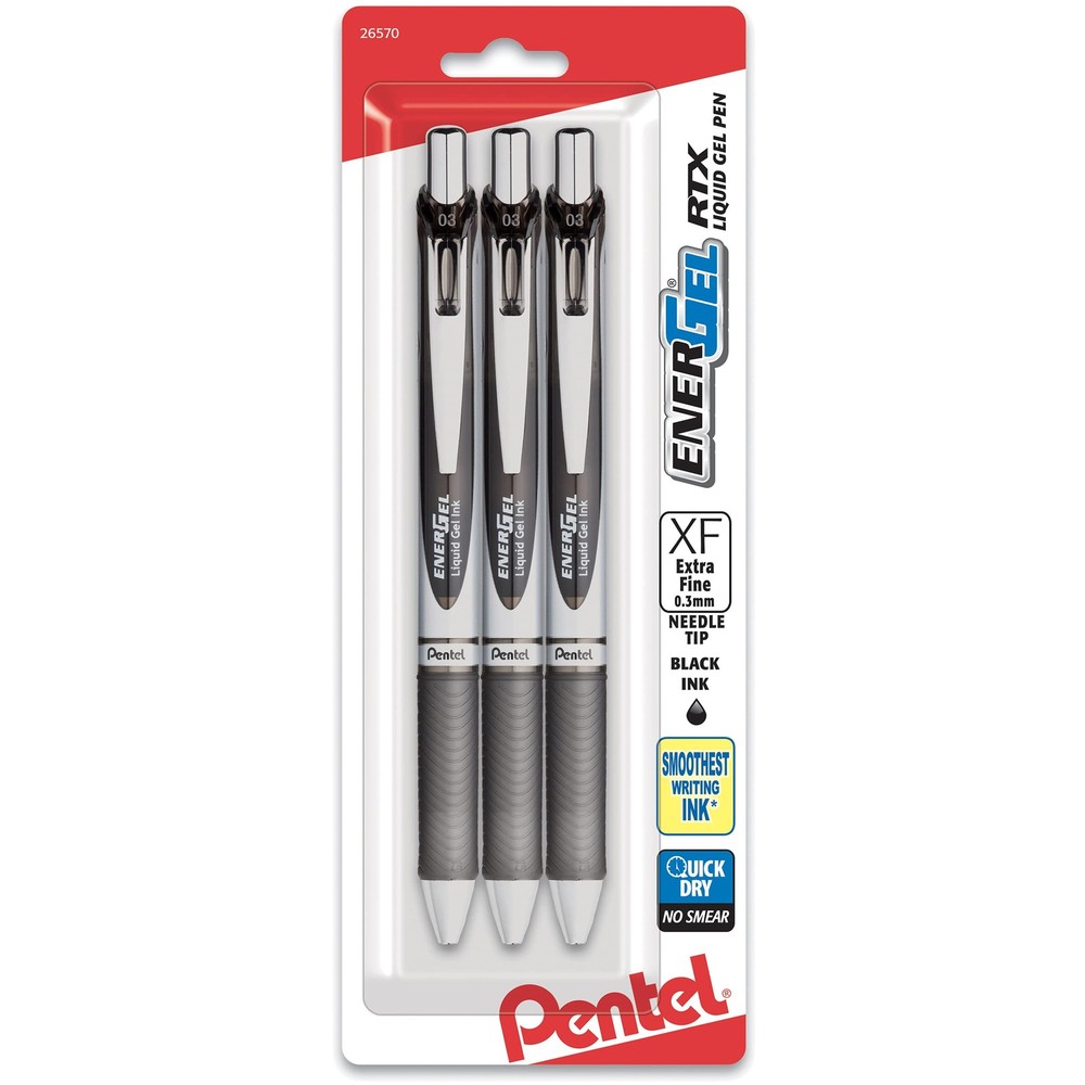 Pentel EnerGel RTX Retractable Liquid Gel Pen, 3 Count (Pack of 1), Black