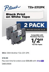 Brother TZe-2312PK TZe Label Tape Cartridge 1/2 in White, Black on White, 2 Pack