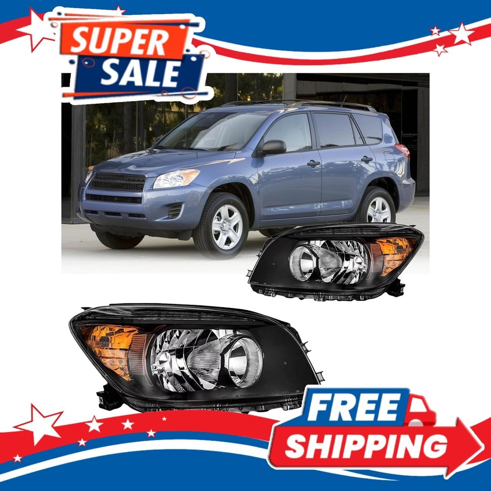 Headlights Assembly 2006-2008 Toyota RAV4 Halogen Black Housing Amber Reflector