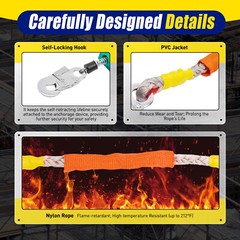 23ft Self Retracting Lifeline Lanyard Fall Arrester Protection+Hook Rope 330lbs