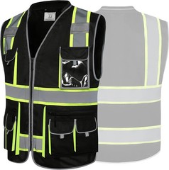 10 Pockets Hi-Vis Zipper Front Black Safety Vest | Cushioned Collar | High Re…