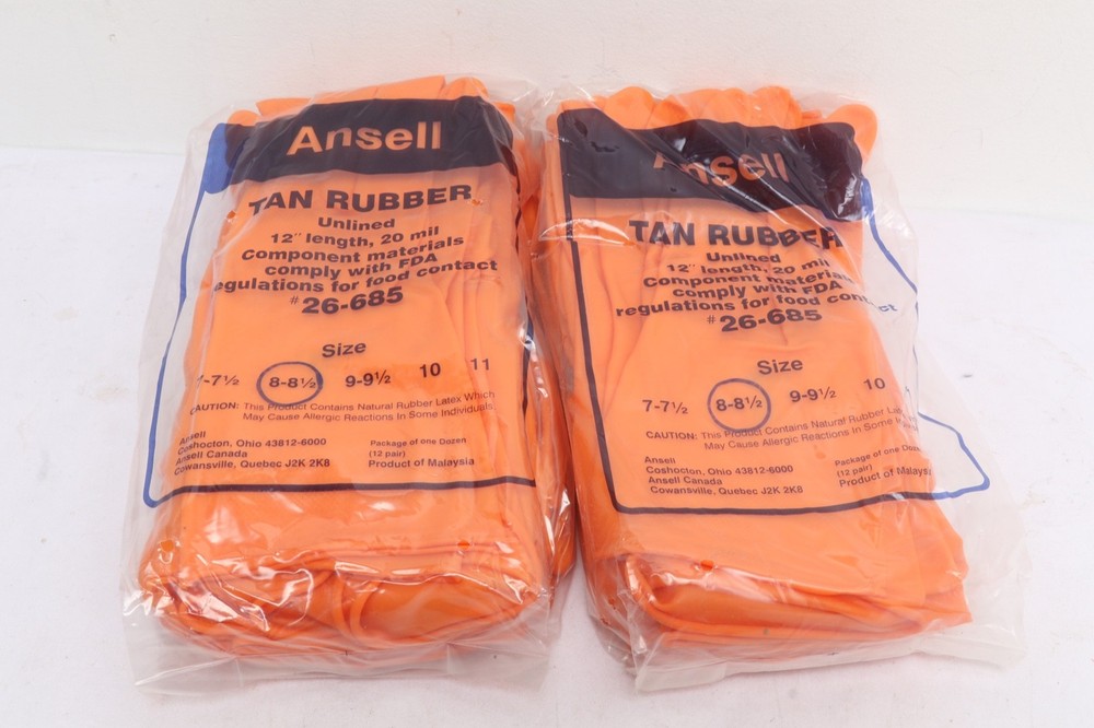 24 Pair of Ansell Gloves Tan Rubber unlined 12″ Length 20mil. Sz. 8, 26-685