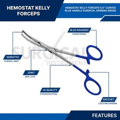 BLUE – 6 Pcs Kelly Hemostat Forceps 5.5″ Curved Surgical Dental German Grade