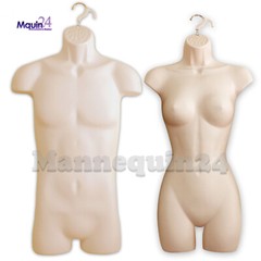 FLESH MANNEQUIN MALE & FEMALE TORSO DRESS BODY FORMS SET + 1 STAND + 2 HANGERS