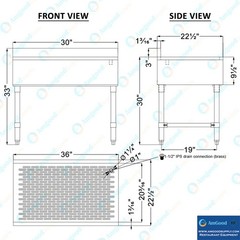 AmGood 36 in. x 22 in. Stainless Steel Underbar Drainboard