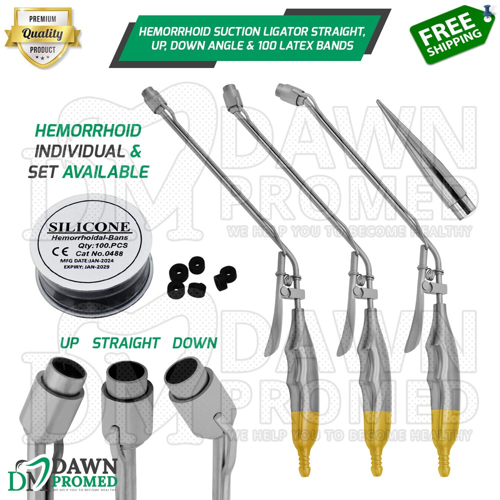 Hemorrhoid Suction Ligator Straight Up Down & 100 Latex Band Surgical Instrument