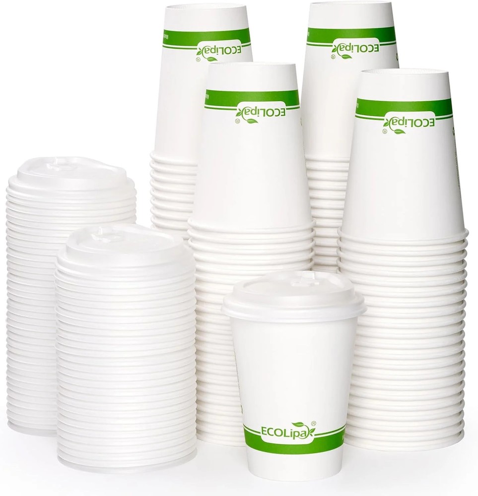 ECOLipak 100 Count 12 oz Compostable Paper Coffee Cups, Biodegradable Disposable