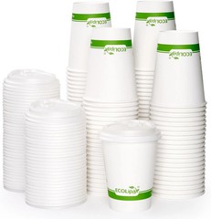 ECOLipak 100 Count 12 oz Compostable Paper Coffee Cups, Biodegradable Disposable
