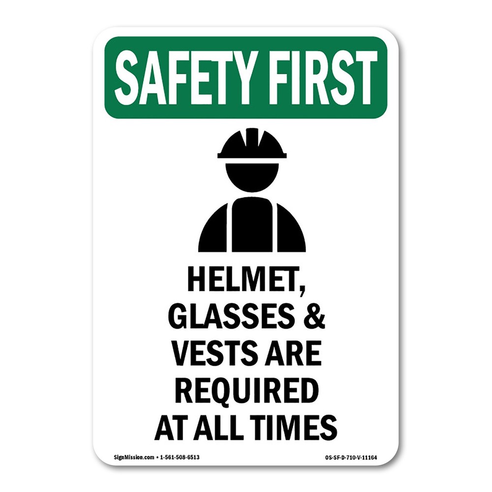Helmet Glasses & OSHA Safety First Sign Metal Plastic Decal