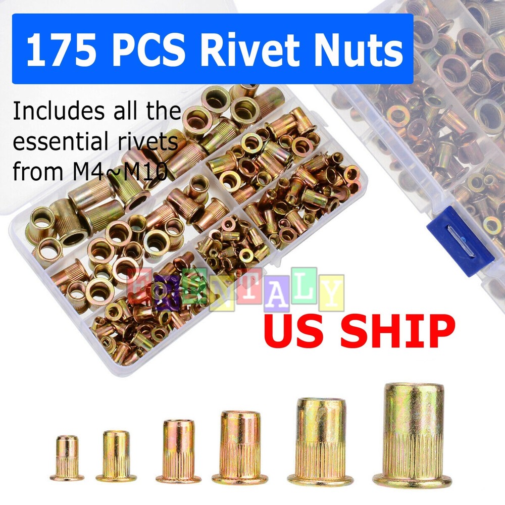 175PC Rivet Nut Kit Mixed Zinc Steel Rivnut Insert Nutsert Threaded Set M3-M12